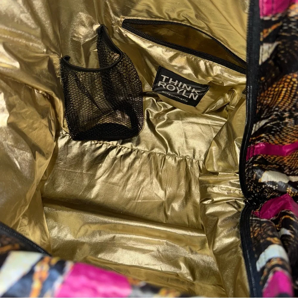 Think Royln Quilted Puffer Tote Bag Pink Black Brown Snake Print New (No Tags) - Picture 6 of 9